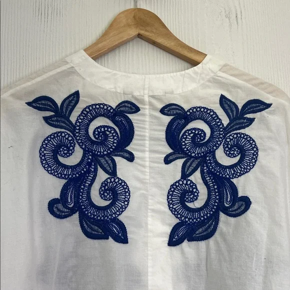 Zara - Blue Embroidered Floral White Button Down Batwing Blouse Size XS - Picture 12 of 12